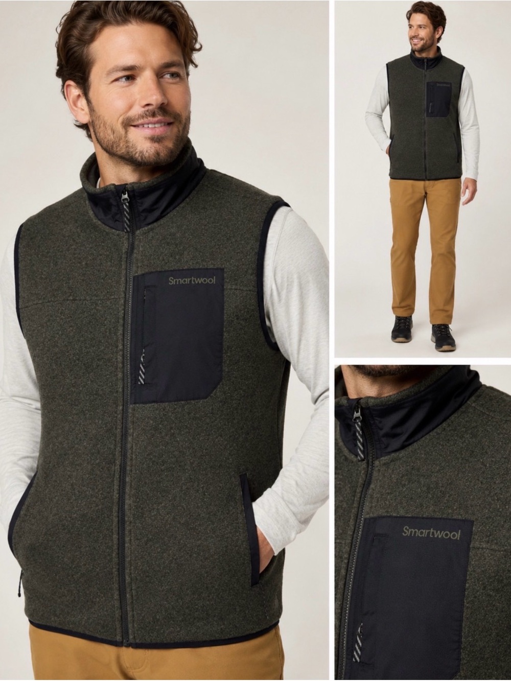 Smartwool Mens Large Fleece Vest Winter Moss Gray Merino Wool Second Cut NWT